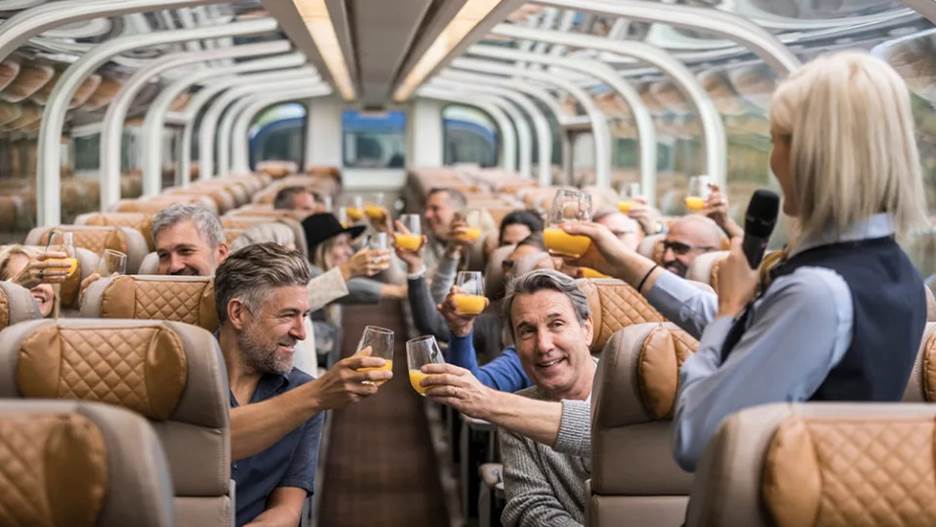 Inside the GoldLeaf railcar, where you&rsquo;ll spend the majority of your journey.