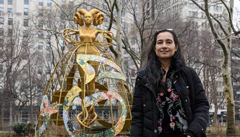 Artist Shahzia Sikander stands in front of her sculpture Witness stands in Madison Square Park as part of her multimedia exhibition Havah...to breathe, air, life on February 7, 2023, in New York City. &mdash; AFP