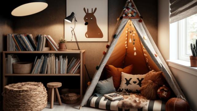 A teepee with pillows and a bookcase Description automatically generated