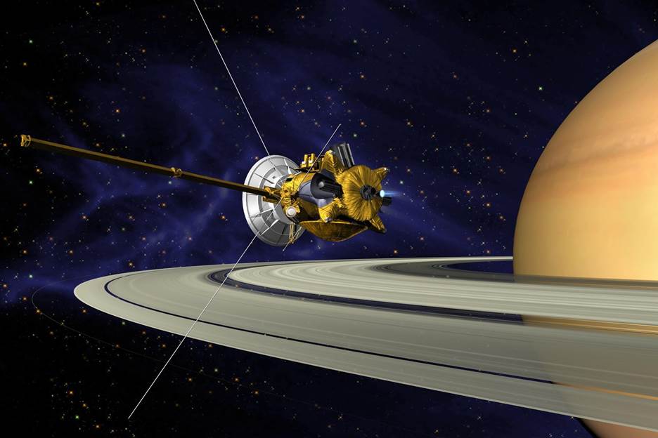 This is an artist&rsquo;s concept of NASA's Cassini spacecraft during the Saturn Orbit Insertion (SOI) manoeuvre, just after the main engine has begun firing. PHOTO: COURTESY/NASA