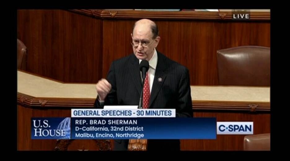 <p>US Congressman Brad Sherman delivers a speech in the US House of Representatives on democracy in Pakistan. &mdash; Twitter</p>