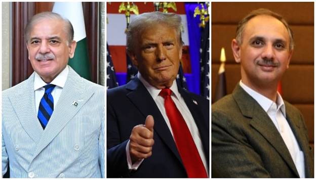 Prime Minister Shehbaz Sharif (from left), US President-elect Donald Trump and Leader of the Opposition in the National Assembly Omar Ayub Khan. &mdash; Online/Reuters/X/@OmarAyubKhan