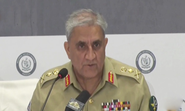 Chief of the Army Staff (COAS) Gen Qamar Bajwa speaks at the Islamabad Security Dialogue on Saturday. &mdash; DawnNewsTV