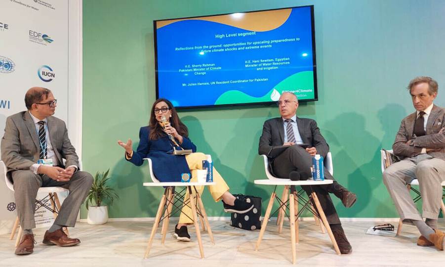 <p>Climate Change Minister Sherry Rehman speaks at a high-level segment &rsquo;Reflections from the ground: Opportunities for upscaling preparedness to future climate shocks and climate events, at the Water Pavilion during COP27. &mdash; Photo courtesy Sherry Rehman Twitter</p>